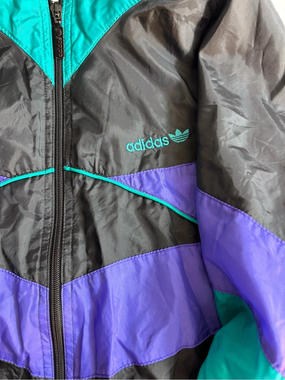 Vintage Adidas Jacket Mens Medium Black Purple Blue Windbreaker Trefoil 90s